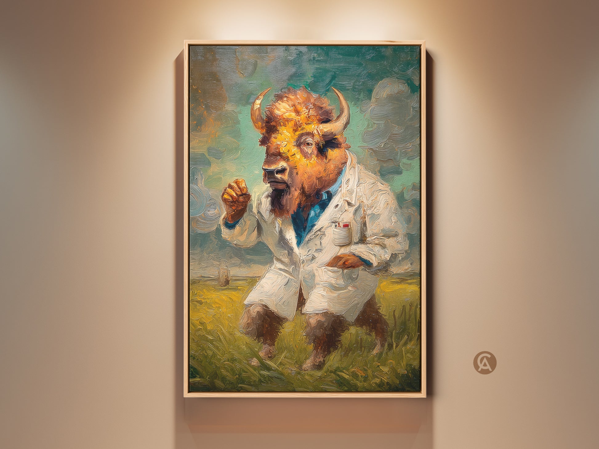 This oil painting features a buffalo-human hybrid. The artwork shows the figure in a lab coat. The buffalo-human art is standing in a grassy field with a cloudy sky. This unique artwork would make a great conversation piece.