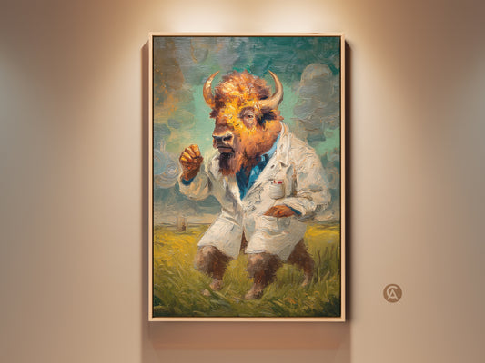 This oil painting features a buffalo-human hybrid. The artwork shows the figure in a lab coat. The buffalo-human art is standing in a grassy field with a cloudy sky. This unique artwork would make a great conversation piece.