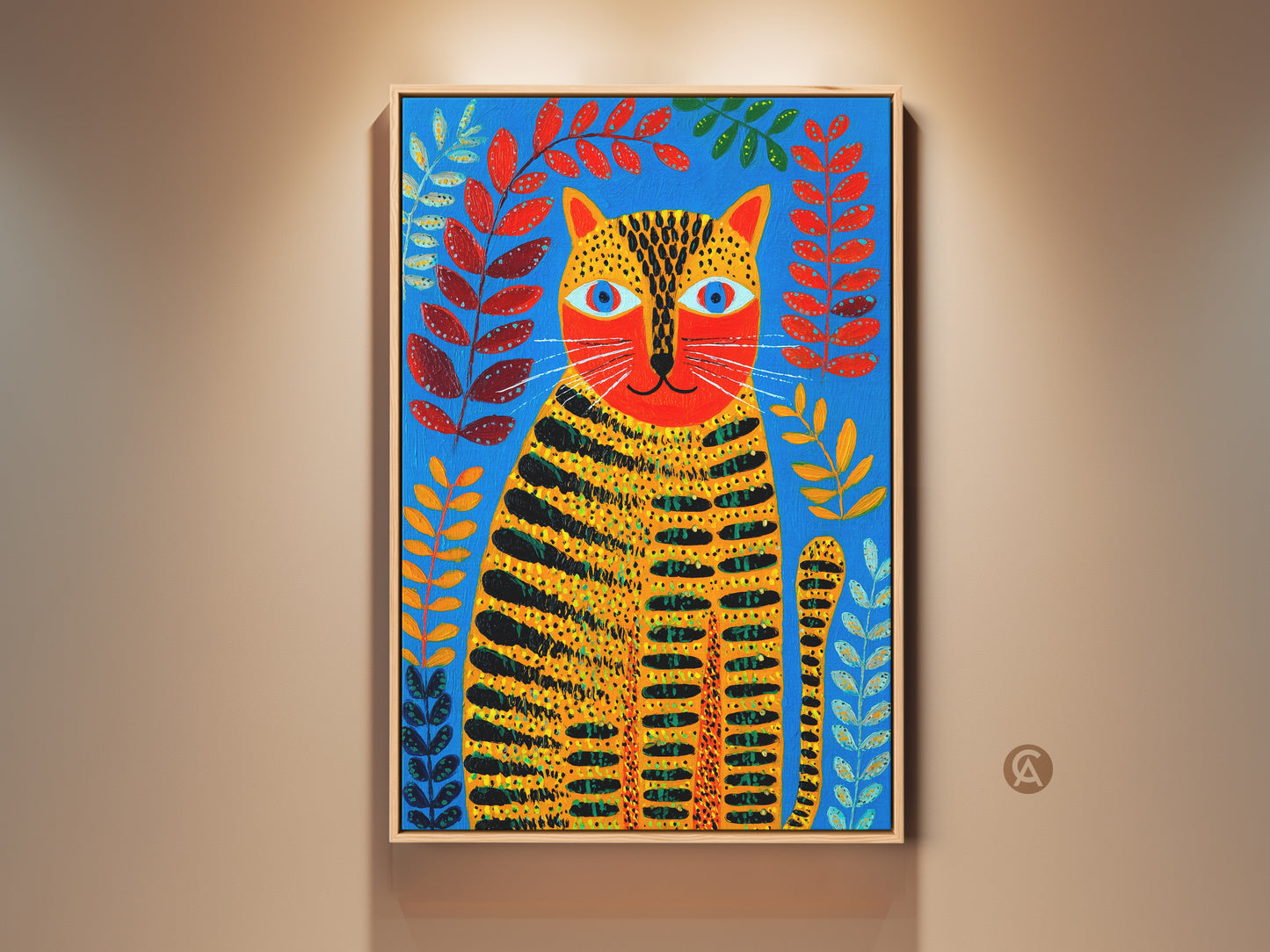 Vibrant folk art tiger cat art print displayed in a living room. Notice its blue orange and red botanical wall decor. Perfect eclectic animal canvas art for cat lovers.