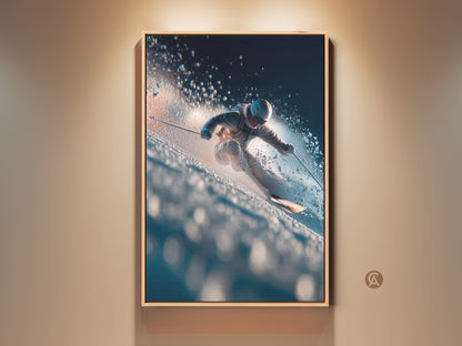 Framed art print of a skier in action on a snowy slope. The artwork captures the thrill of winter sports. Perfect for ski enthusiasts. This wall art will add action to any room.