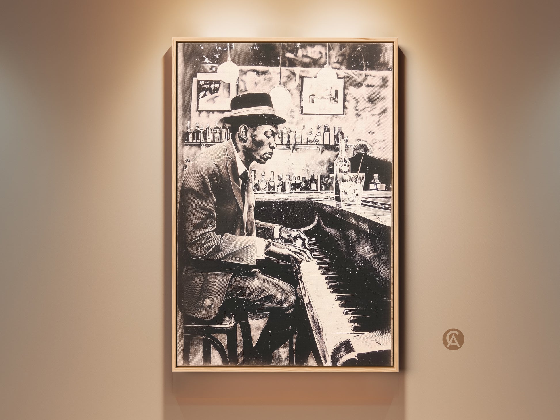 A framed fine art print shows a distinguished African American man playing the piano at a bar. This black and white artwork captures the essence of jazz music. The piece adds a touch of sophistication to any room. Perfect for music lovers and art collectors alike. Enhance your decor with this elegant piano art print.