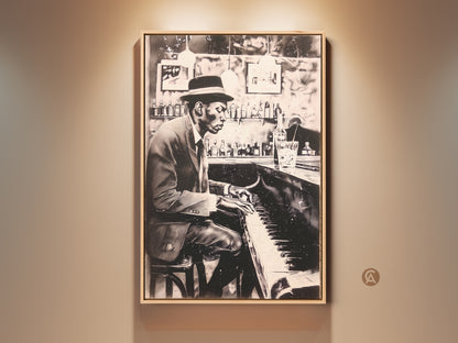 A framed fine art print shows a distinguished African American man playing the piano at a bar. This black and white artwork captures the essence of jazz music. The piece adds a touch of sophistication to any room. Perfect for music lovers and art collectors alike. Enhance your decor with this elegant piano art print.