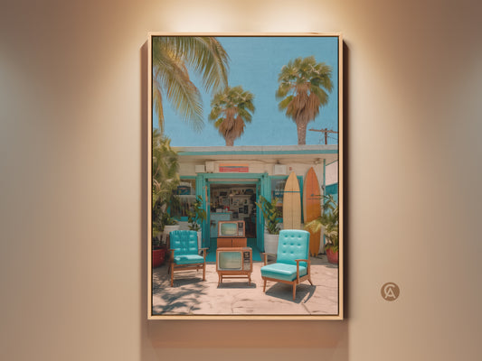 Framed canvas artwork featuring a retro surf shop. Palm trees and vintage TVs evoke a nostalgic vibe. Turquoise chairs invite you to relax and enjoy the coastal art piece. Perfect for adding a touch of surf culture to any room.