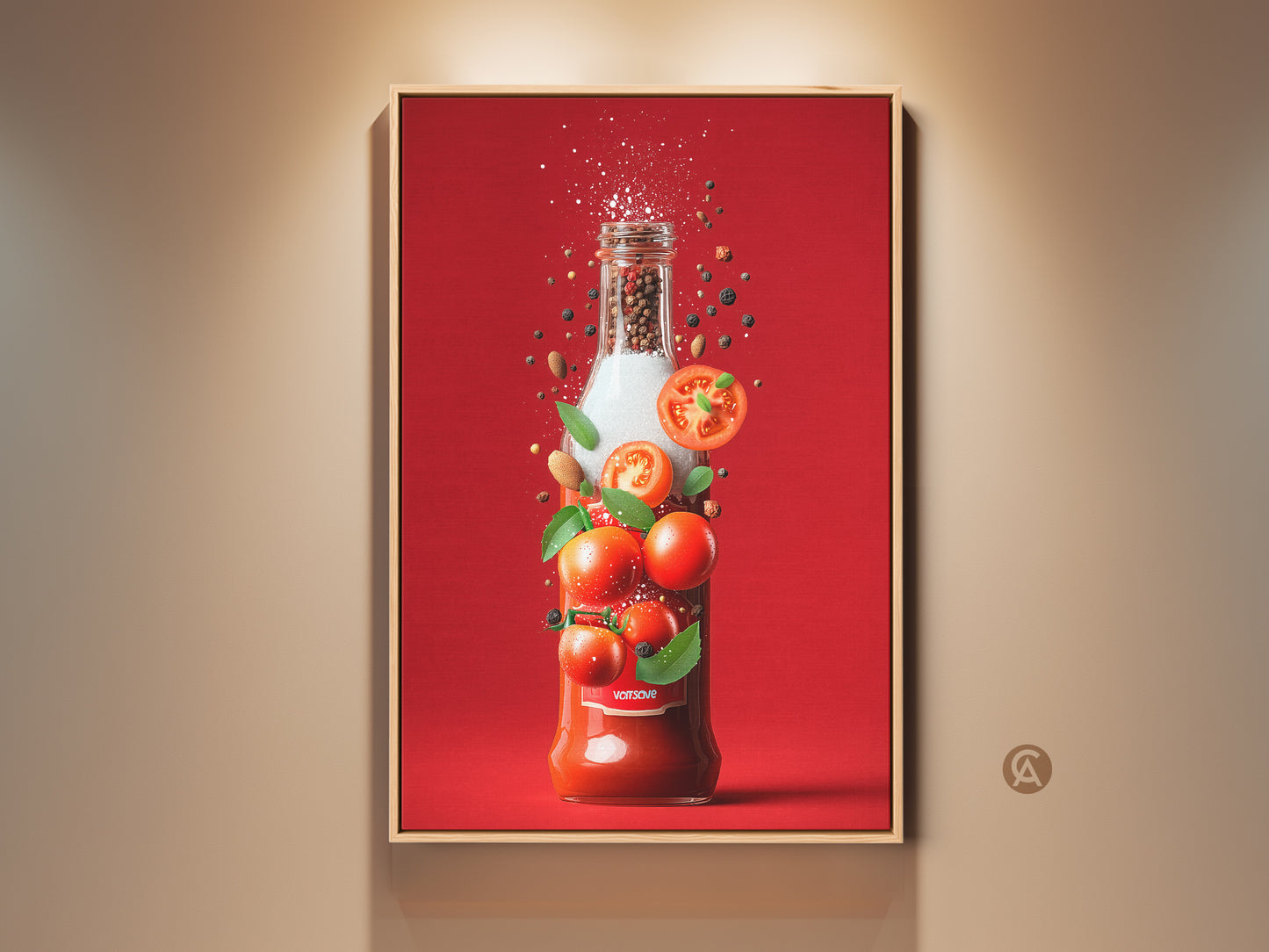 Framed tomato sauce bottle art. The artwork features a bottle with tomatoes peppercorns spices and herbs. It is a vibrant food themed art print. The frame is a light wood color.