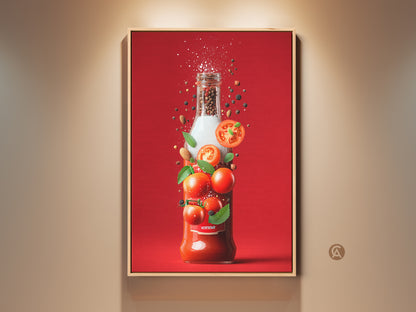 Framed tomato sauce bottle art. The artwork features a bottle with tomatoes peppercorns spices and herbs. It is a vibrant food themed art print. The frame is a light wood color.
