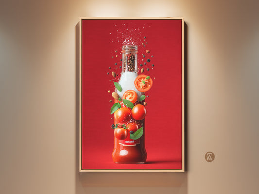 Framed tomato sauce bottle art. The artwork features a bottle with tomatoes peppercorns spices and herbs. It is a vibrant food themed art print. The frame is a light wood color.