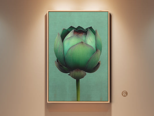 Framed emerald green lotus flower art print. Minimalist botanical style is perfect for zen garden or meditation room decor. Bring calming nature into your home with this Japandi wall art. The frame adds a touch of elegance.