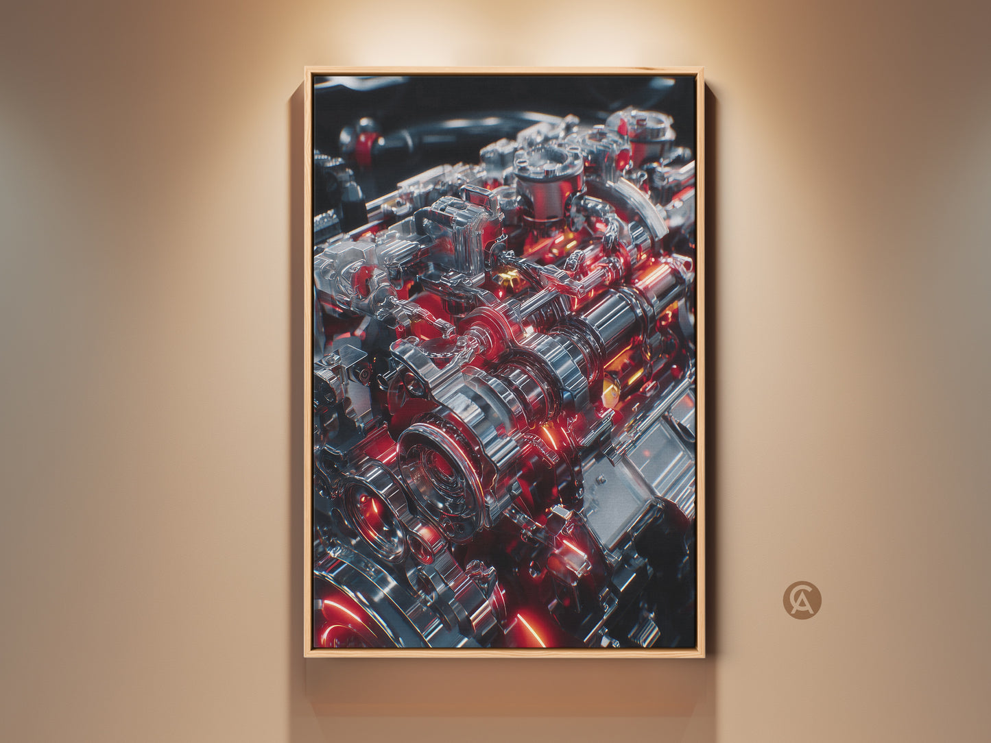 Industrial Engine framed art print. Mechanical gears artwork adds a futuristic touch to any room. The silver red chrome artwork is perfect for a man cave or garage. It celebrates engineering and automotive passion. High-tech feel for a workshop. A great gift for car enthusiasts.