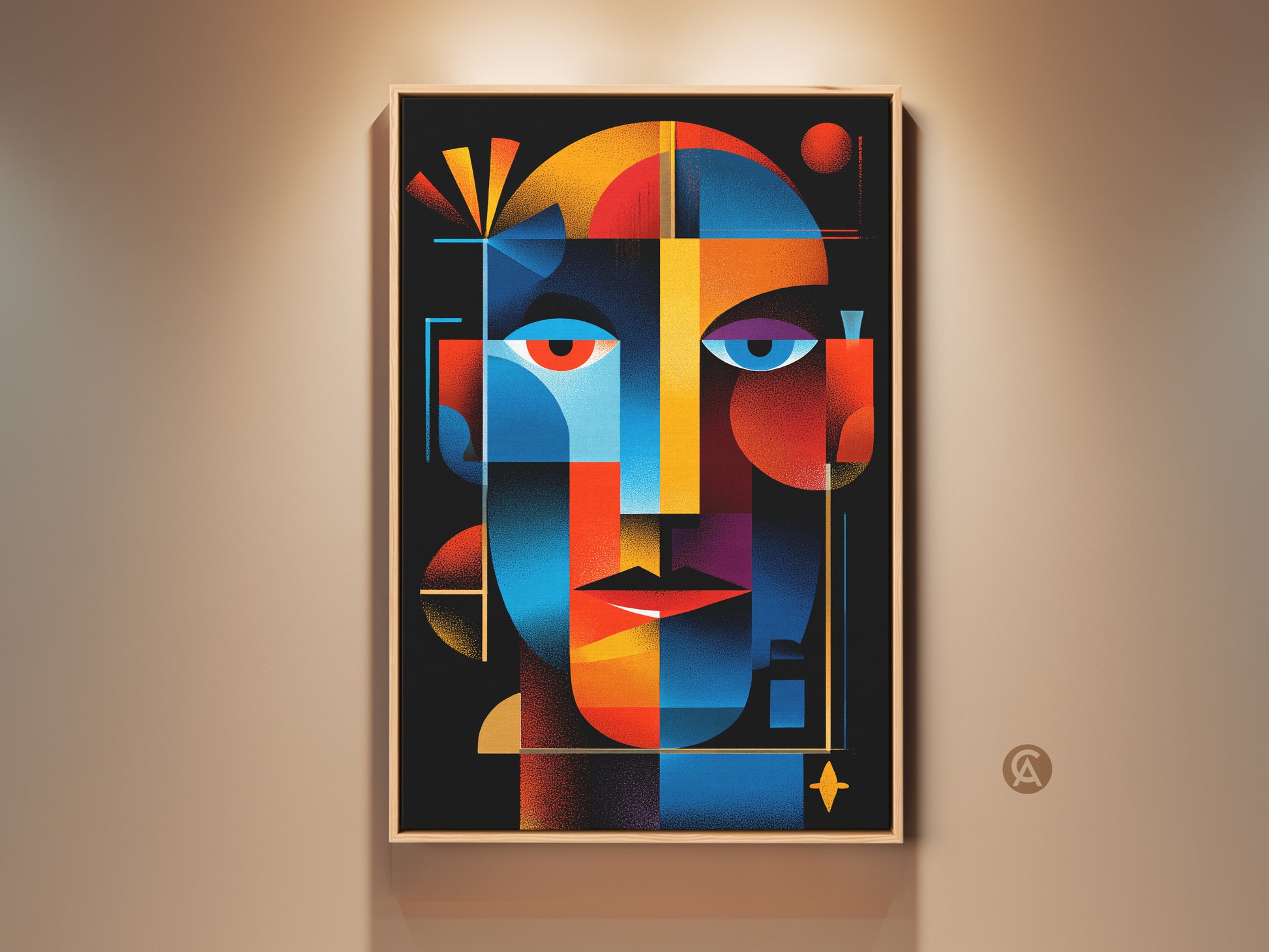 Framed vibrant abstract face artwork. This colorful geometric art print features bold shapes. The wall art is displayed in a natural wood frame. A captivating piece for modern art lovers.