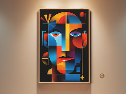 Framed vibrant abstract face artwork. This colorful geometric art print features bold shapes. The wall art is displayed in a natural wood frame. A captivating piece for modern art lovers.