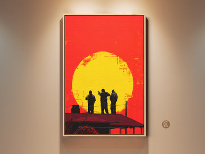 Urban rooftop figures art print in retro pop art style. The yellow and orange sunset artwork is a unique and modern home decor piece. A perfect gift for urban explorers and art lovers.