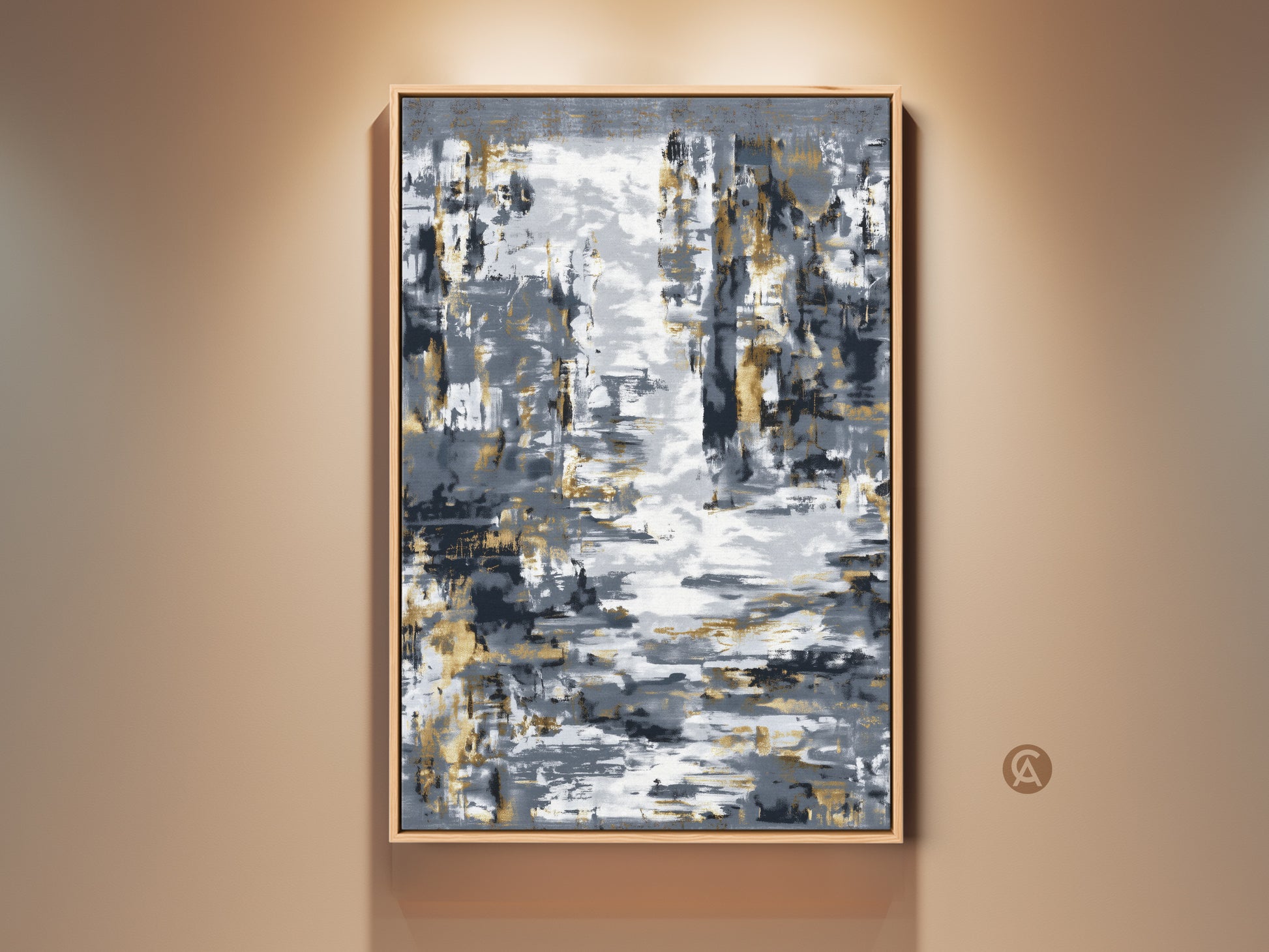 Textured gold leaf abstract canvas art displayed in a modern entryway. Charcoal gray brushstrokes add depth to this contemporary artwork. It creates a sophisticated and inviting atmosphere. Perfect modern home gift art for adding luxury and artistic flair to interiors.