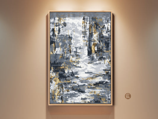 Textured gold leaf abstract canvas art displayed in a modern entryway. Charcoal gray brushstrokes add depth to this contemporary artwork. It creates a sophisticated and inviting atmosphere. Perfect modern home gift art for adding luxury and artistic flair to interiors.