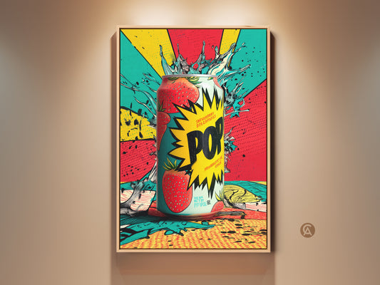 Framed strawberry pop art print. This vibrant artwork features a soda can with a burst of strawberry flavor. The canvas is framed in a warm natural wood tone. Perfect for adding a pop of color to any room.