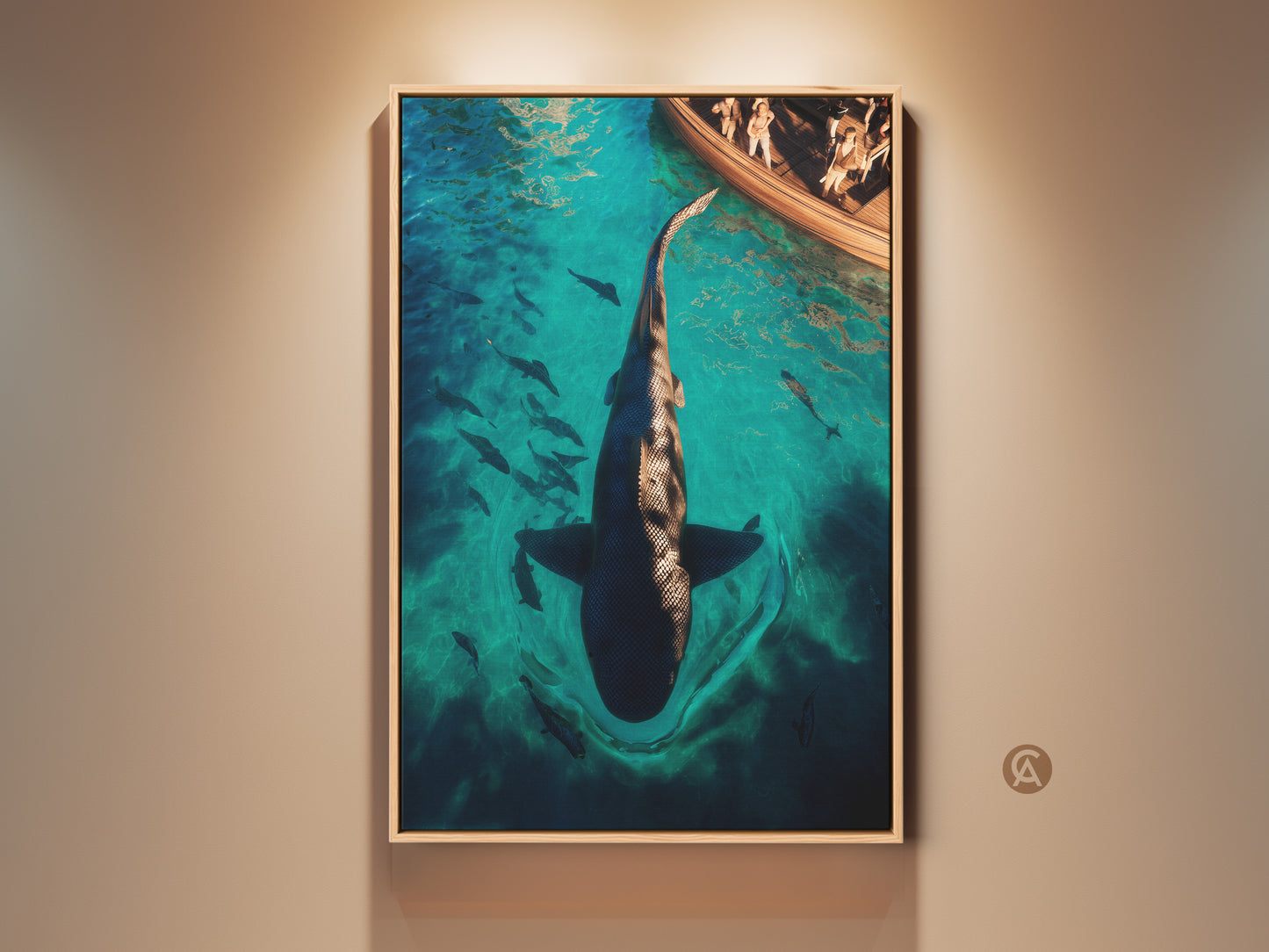 Surreal Ocean Adventure Canvas Artwork. A large shark swims beneath a boat in turquoise water. This captivating scene is framed on a neutral wall. Perfect eclectic wall decor for marine life enthusiasts. Add a unique touch to your coastal living room with this stunning print.