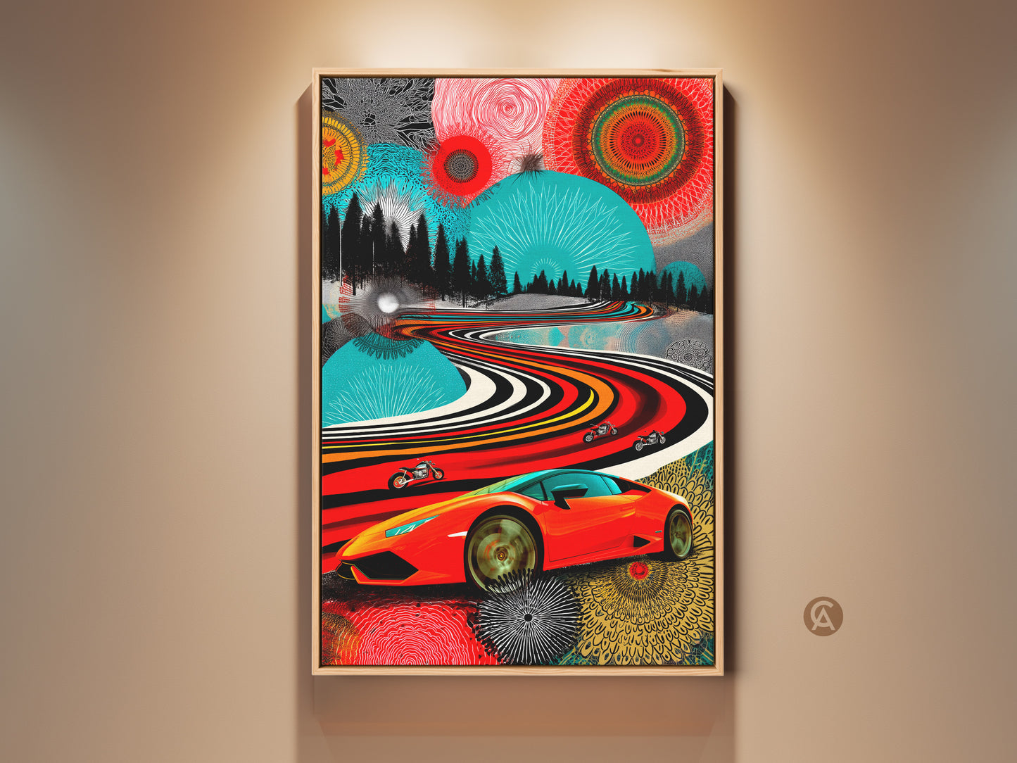 Vibrant red orange teal Pop Art canvas. This abstract landscape shows a sports car and motorcycles on a winding road. Perfect modern art print for a car enthusiast gift. The garage wall decor adds a dynamic touch.  Add color to your office with this artwork.