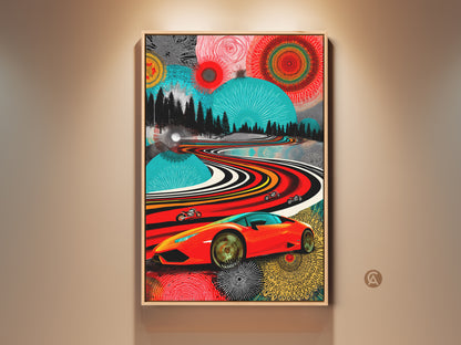 Vibrant red orange teal Pop Art canvas. This abstract landscape shows a sports car and motorcycles on a winding road. Perfect modern art print for a car enthusiast gift. The garage wall decor adds a dynamic touch.  Add color to your office with this artwork.