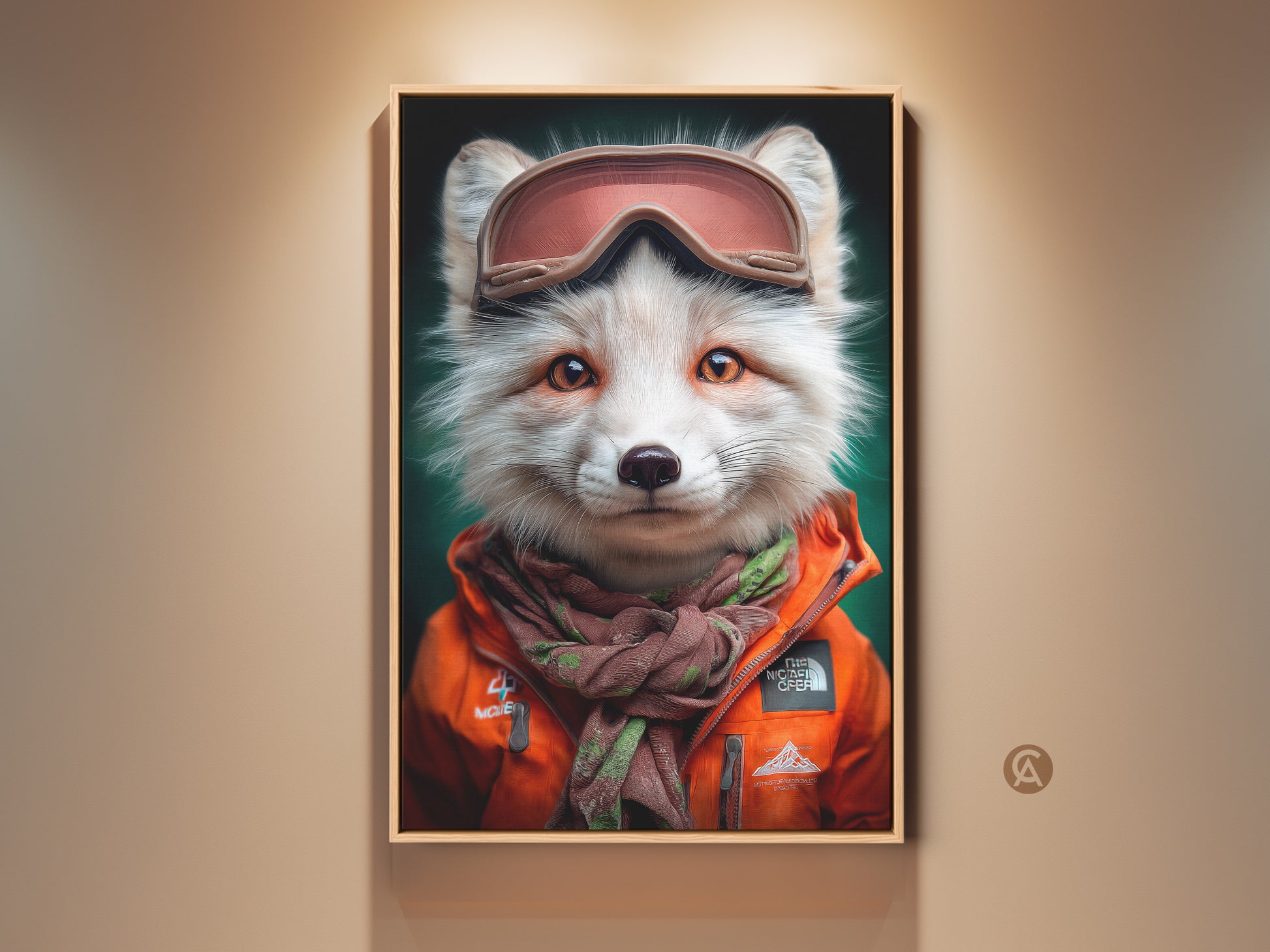 Fox art print featuring a fox wearing ski goggles and an orange jacket. Winter wildlife animal wall art with an eclectic style. Orange and green decor for animal enthusiasts. This fox portrait print adds charm to any room. It's a unique winter decor piece for cozy cabin or home office spaces.
