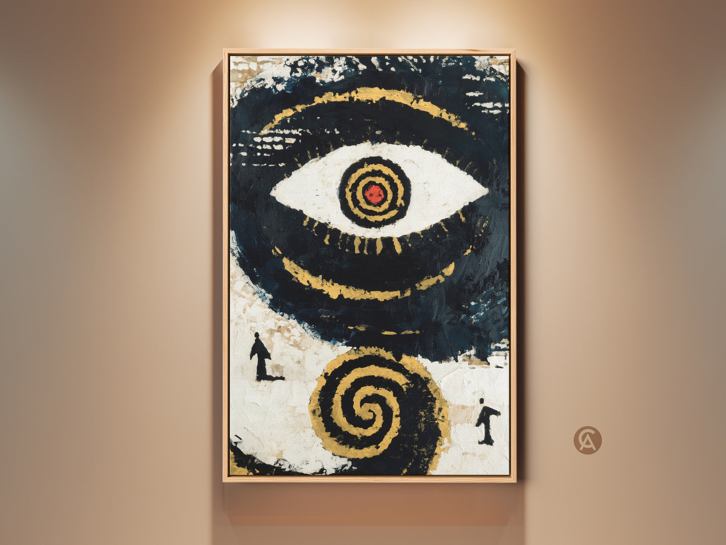 Framed Navy Black Gold Abstract Eye Symbolism Canvas Print. This spiritual home office art adds an eclectic touch. The floating frame enhances the artwork's presence. Perfect housewarming gift for modern homes. This canvas print elevates any living space with unique symbolism and style.