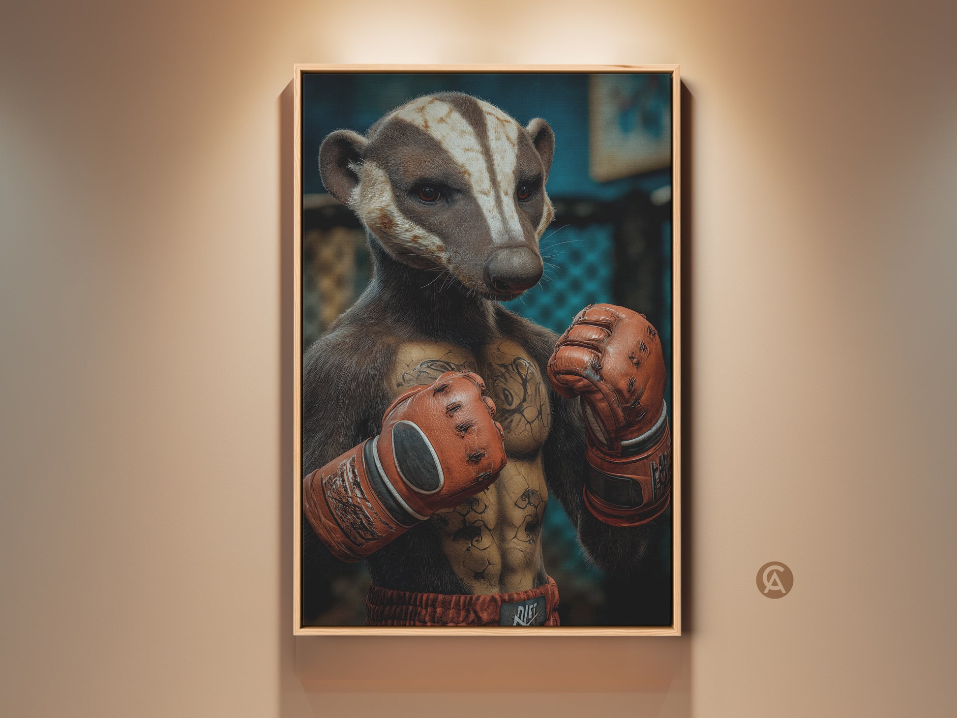 Tattooed Badger Boxer Art Print for unique office wall decor. It's an eclectic gift idea for sports animal artwork fans. Brown and orange tones bring raw energy. A perfect gift for boxing fans seeking motivational sports decor. This artwork enhances any home office or man cave with its tough animal theme.