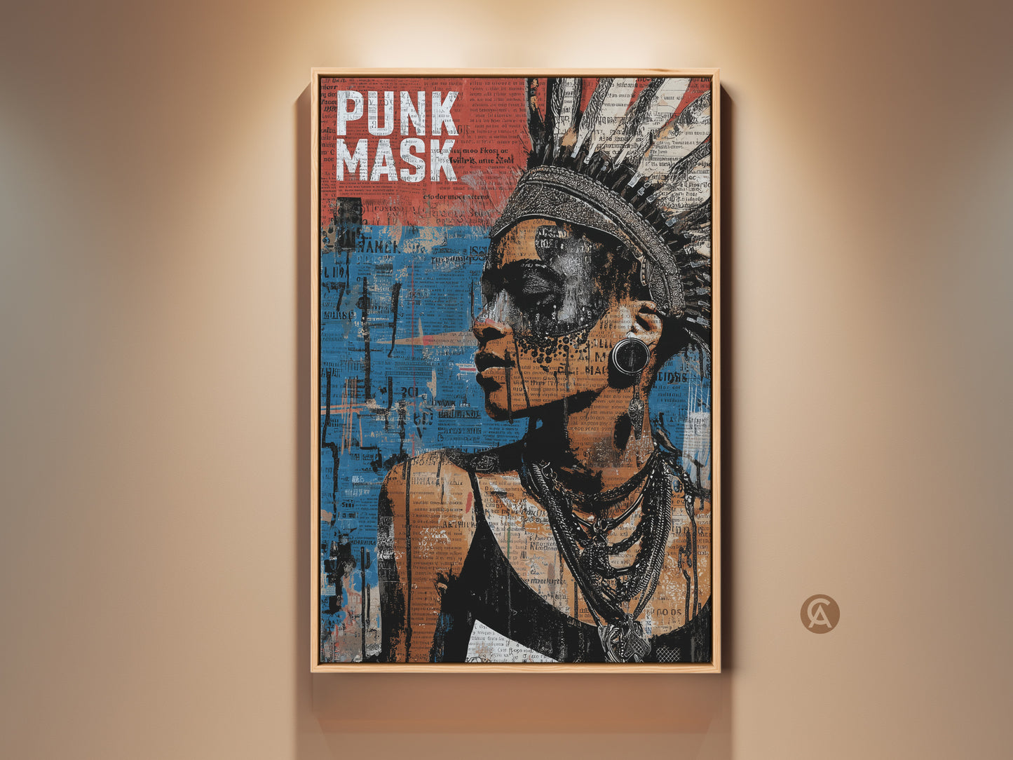 Woman portrait art print displayed in a light wood frame. The urban collage features a headdress and punk mask. It is a mixed media canvas in black orange and blue. This eclectic wall hanging makes a great music lover gift. Perfect for adding edgy style to your home or office.