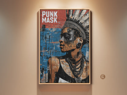 Woman portrait art print displayed in a light wood frame. The urban collage features a headdress and punk mask. It is a mixed media canvas in black orange and blue. This eclectic wall hanging makes a great music lover gift. Perfect for adding edgy style to your home or office.
