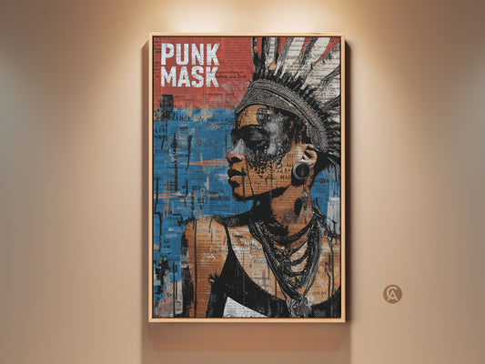 Woman portrait art print displayed in a light wood frame. The urban collage features a headdress and punk mask. It is a mixed media canvas in black orange and blue. This eclectic wall hanging makes a great music lover gift. Perfect for adding edgy style to your home or office.