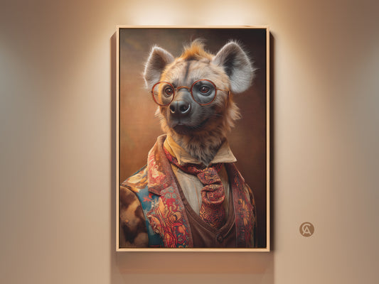 Anthropomorphic hyena art print in a floating wood frame. The hyena is wearing victorian clothing in terracotta and gold colors. This artwork is ideal for eclectic homes studies or offices.