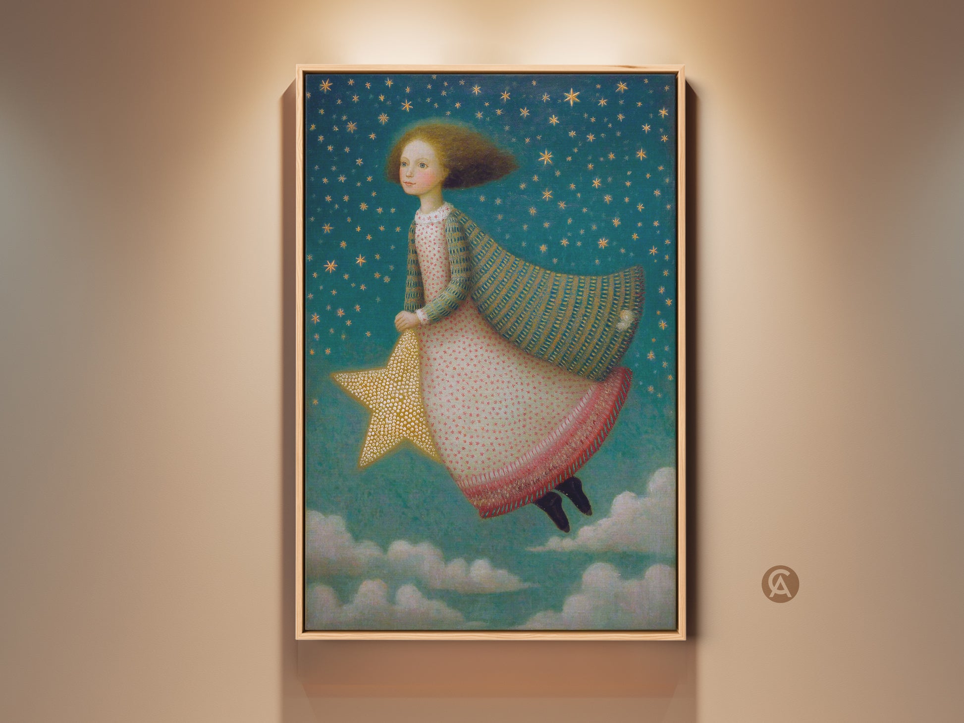 Dreamy girl soars through a starry teal sky on a gold star in this art print. Perfect whimsical nursery wall art or a unique kids room decor piece. This celestial themed artwork makes a magical gift for young dreamers. Add a touch of fantasy and wonder to any eclectic home with this art.