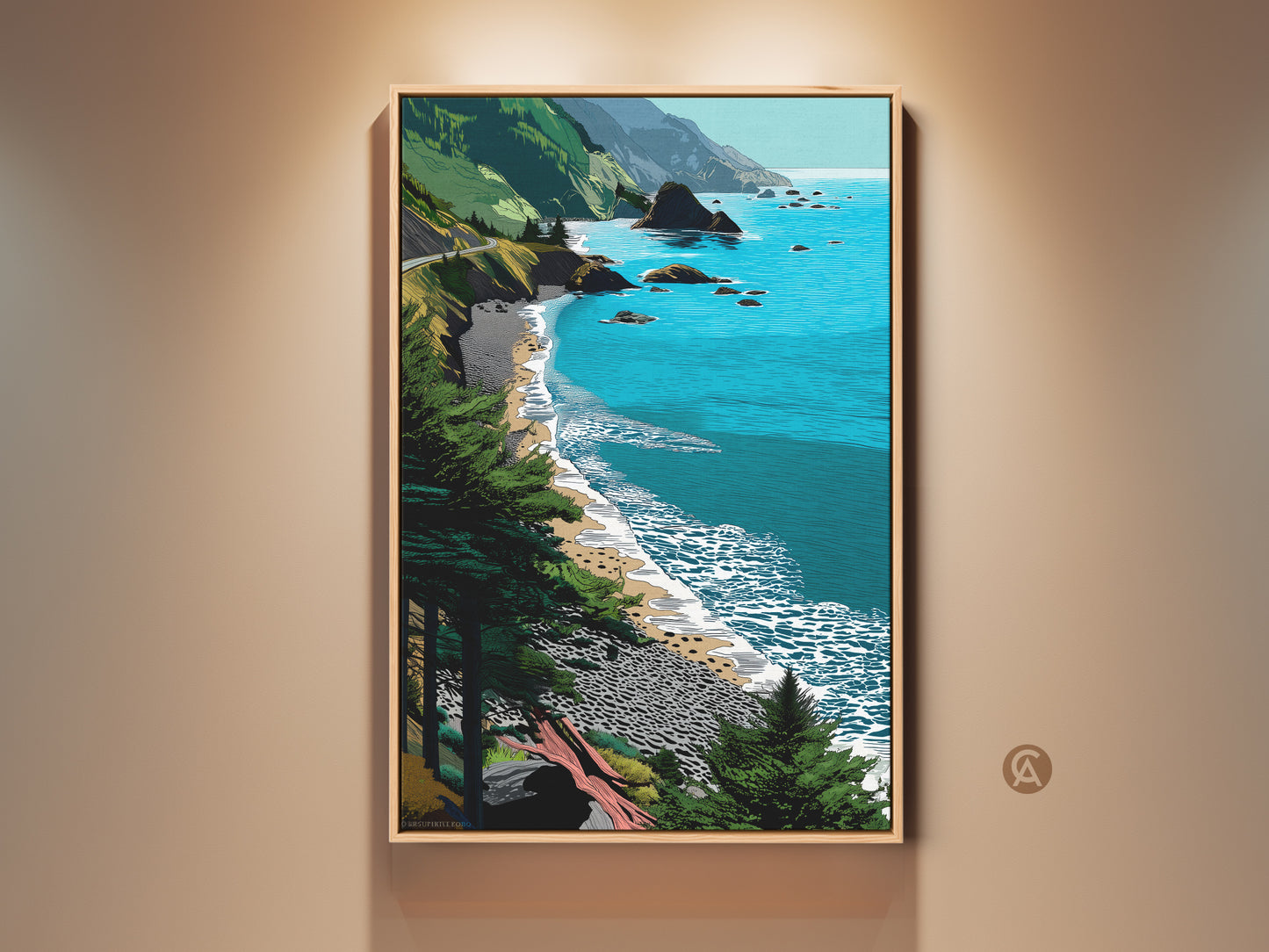 Teal Blue Beach Landscape Canvas Print. This coastal ocean wall art showcases a green seaside nature scenery. It's contemporary artwork that brings the beauty of the California coastline indoors. A perfect gift for beach lovers seeking modern coastal decor.