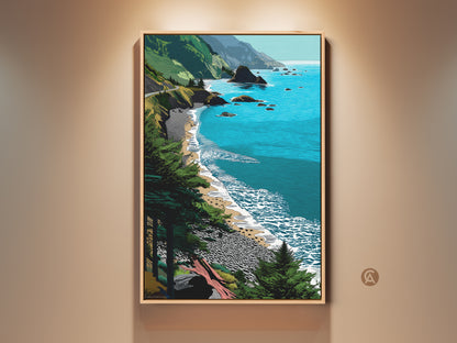 Teal Blue Beach Landscape Canvas Print. This coastal ocean wall art showcases a green seaside nature scenery. It's contemporary artwork that brings the beauty of the California coastline indoors. A perfect gift for beach lovers seeking modern coastal decor.