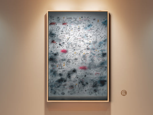 Eye-catching wall art in a modern setting. The artwork features a complex web of lines shapes and symbols. A unique piece perfect for adding intrigue to any space. The art is framed and well-lit creating a focal point on the wall. Add a touch of contemporary style to your home with this captivating piece. 