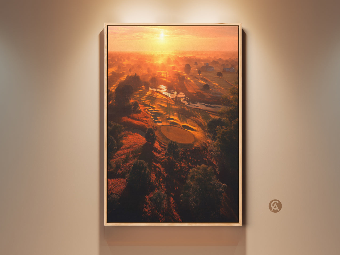 Golf course aerial view at sunrise fine art. The artwork shows the sun shining over a golf course. The photo is printed on museum-quality paper. It's available as a stretched canvas or framed canvas.