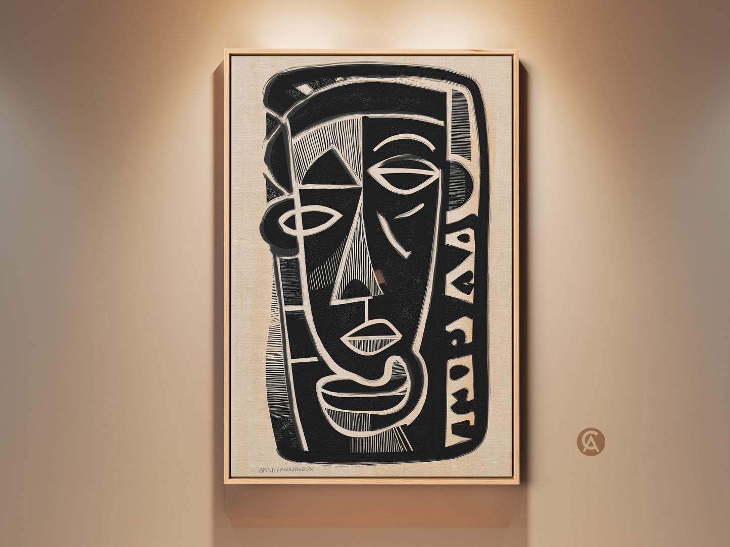Framed eclectic abstract face artwork. This cubist portrait canvas print features a black white and beige palette. Perfect as entryway decor. A unique housewarming gift for art lovers. This modern figurative portrait adds a touch of sophistication to any home.