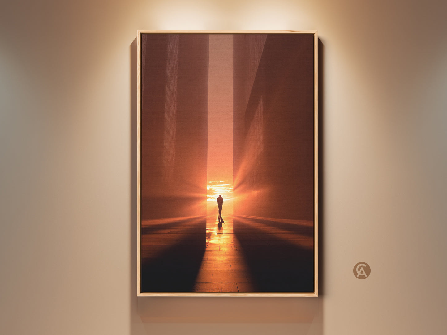 Minimalist Cityscape wall artwork features a lone man walking towards the light of a golden hour sunset. Amber orange hues create a contemporary and inspirational office decor piece. This modern urban sunset canvas brings a sense of journey to any space. Perfect as a travel gift wall art.