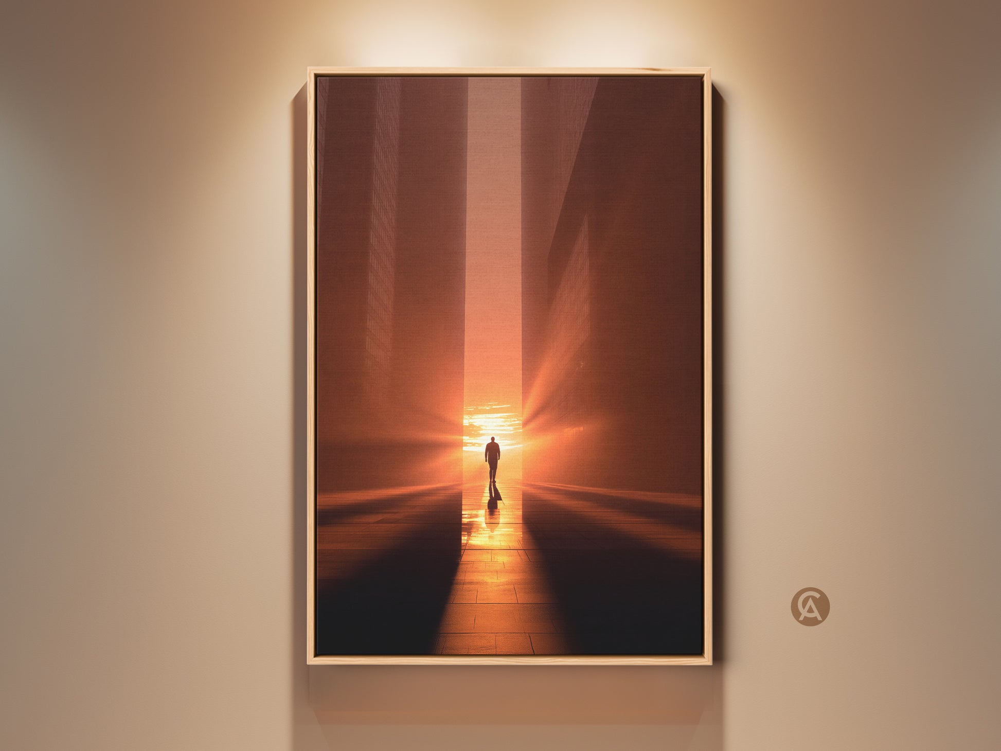 Minimalist Cityscape wall artwork features a lone man walking towards the light of a golden hour sunset. Amber orange hues create a contemporary and inspirational office decor piece. This modern urban sunset canvas brings a sense of journey to any space. Perfect as a travel gift wall art.
