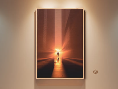 Minimalist Cityscape wall artwork features a lone man walking towards the light of a golden hour sunset. Amber orange hues create a contemporary and inspirational office decor piece. This modern urban sunset canvas brings a sense of journey to any space. Perfect as a travel gift wall art.