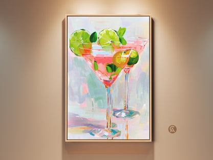 Framed canvas art displaying two cocktail glasses filled with a pink beverage. Limes and mint garnish the drinks. The artwork has a modern impressionist style. This painting is a great addition to a kitchen or bar area.