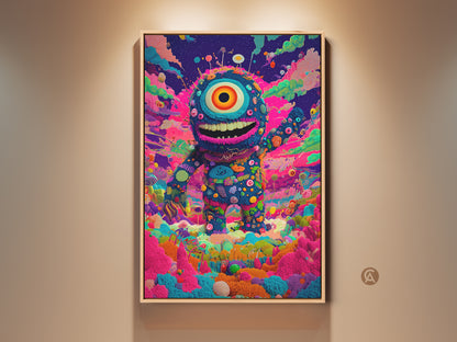 Framed artwork of a one-eyed monster. This eye-catching art is mounted in a natural wood frame. The colorful character stands out. It has a whimsical and playful style. A unique piece for decorating any room. Ready to hang and enjoy.