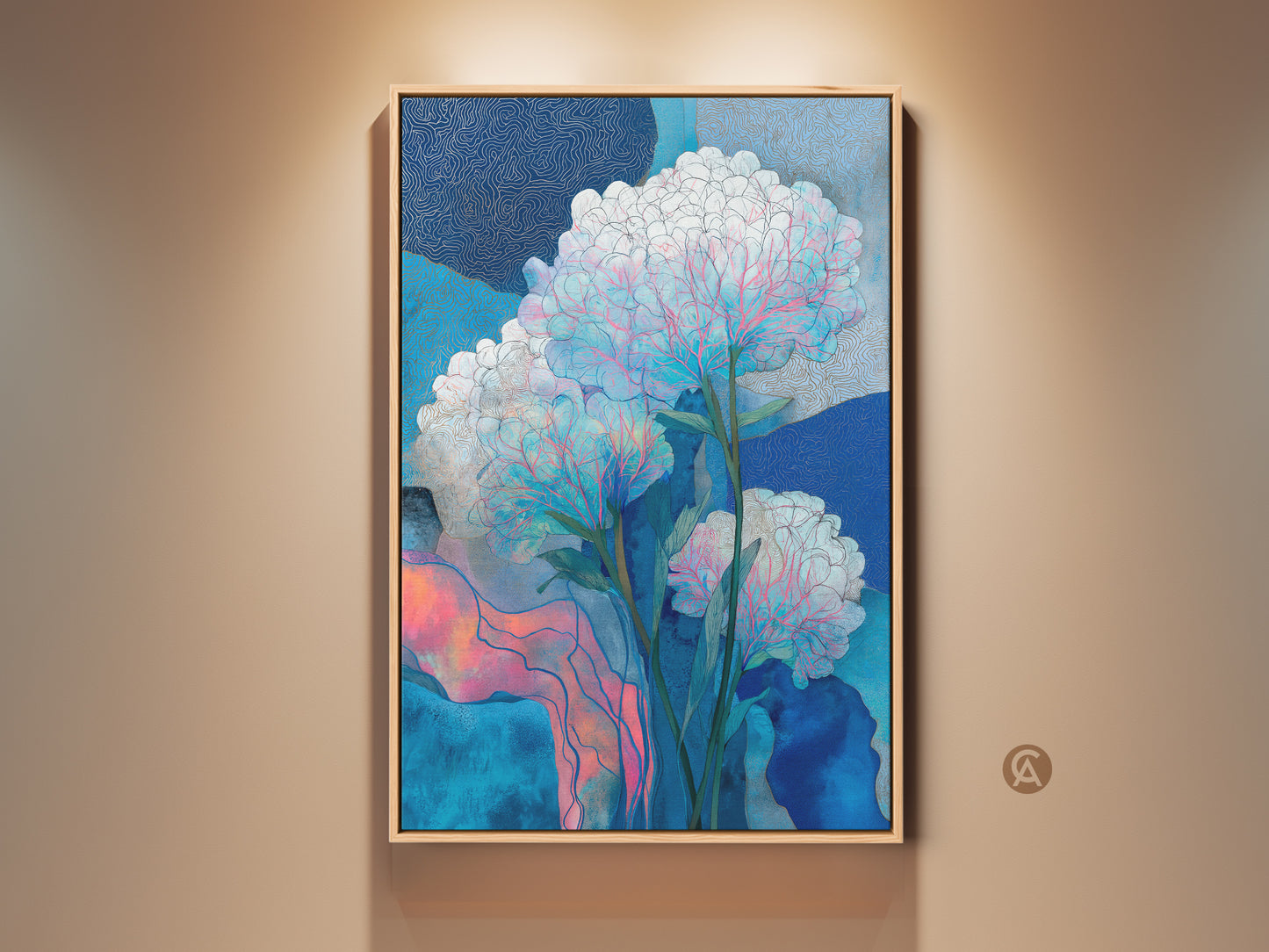 Close-up of a framed teal pink floral canvas art. This botanical abstract art print features a modern home decor style. The contemporary wall art showcases intricate floral and leaf motifs with abstract elements. It is perfect for bedroom or living room wall art.
