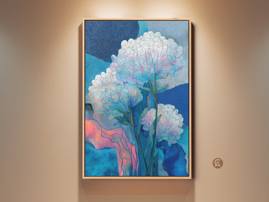 Close-up of a framed teal pink floral canvas art. This botanical abstract art print features a modern home decor style. The contemporary wall art showcases intricate floral and leaf motifs with abstract elements. It is perfect for bedroom or living room wall art.