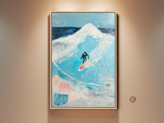 This contemporary wall art features an abstract ocean wave. A surfer is riding the wave. The artwork uses sky blue deep blue and teal tones. It's modern coastal decor for surf lifestyle art. A great gift for ocean lovers.