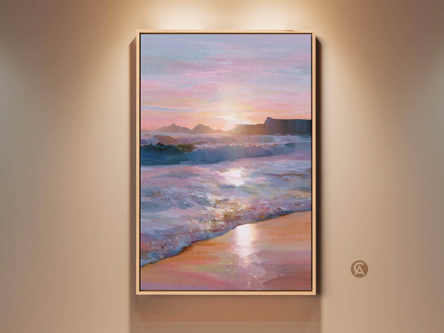 Ocean Sunset Canvas Art adds coastal charm to your home decor. Teal pink orange sky landscape print available. This artwork captures beach waves painting in a residential wall art style. A perfect home decor canvas or housewarming gift.