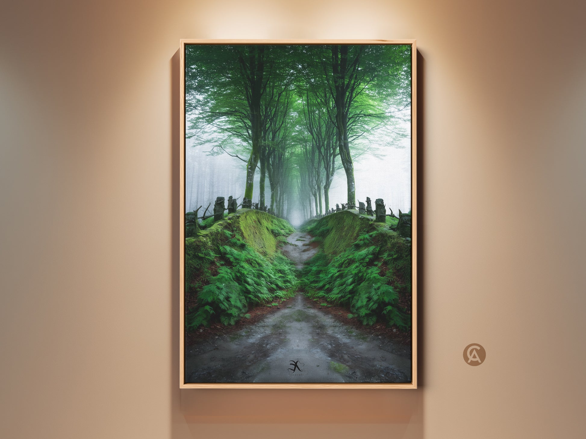Framed misty forest path canvas art is displayed on a wall. This emerald green tree-lined road is a Scandinavian woodland landscape. This nature wall decor is a perfect gift. The artwork evokes tranquility. It enhances any room with a touch of nature's beauty.