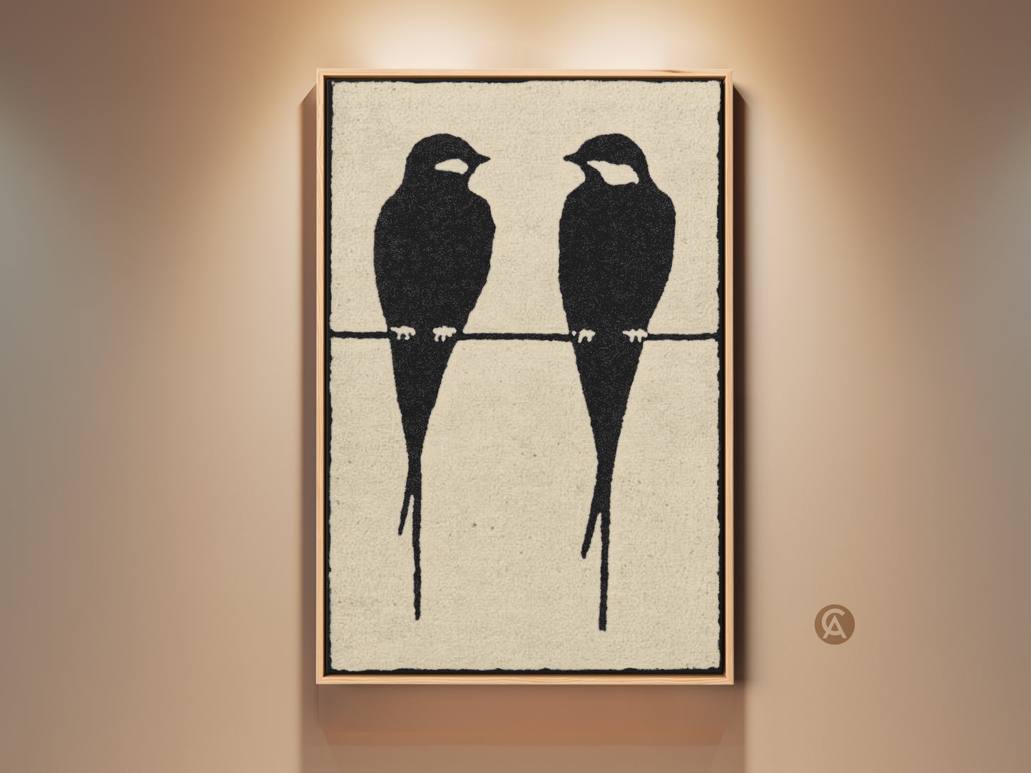 Framed minimalist bird artwork in a modern setting. Two black bird silhouettes perch on a wire against a textured cream background. This Scandinavian-style canvas art is a perfect gift for bird lovers. The artwork adds a calming presence to any room. Ideal for a contemporary home decor.