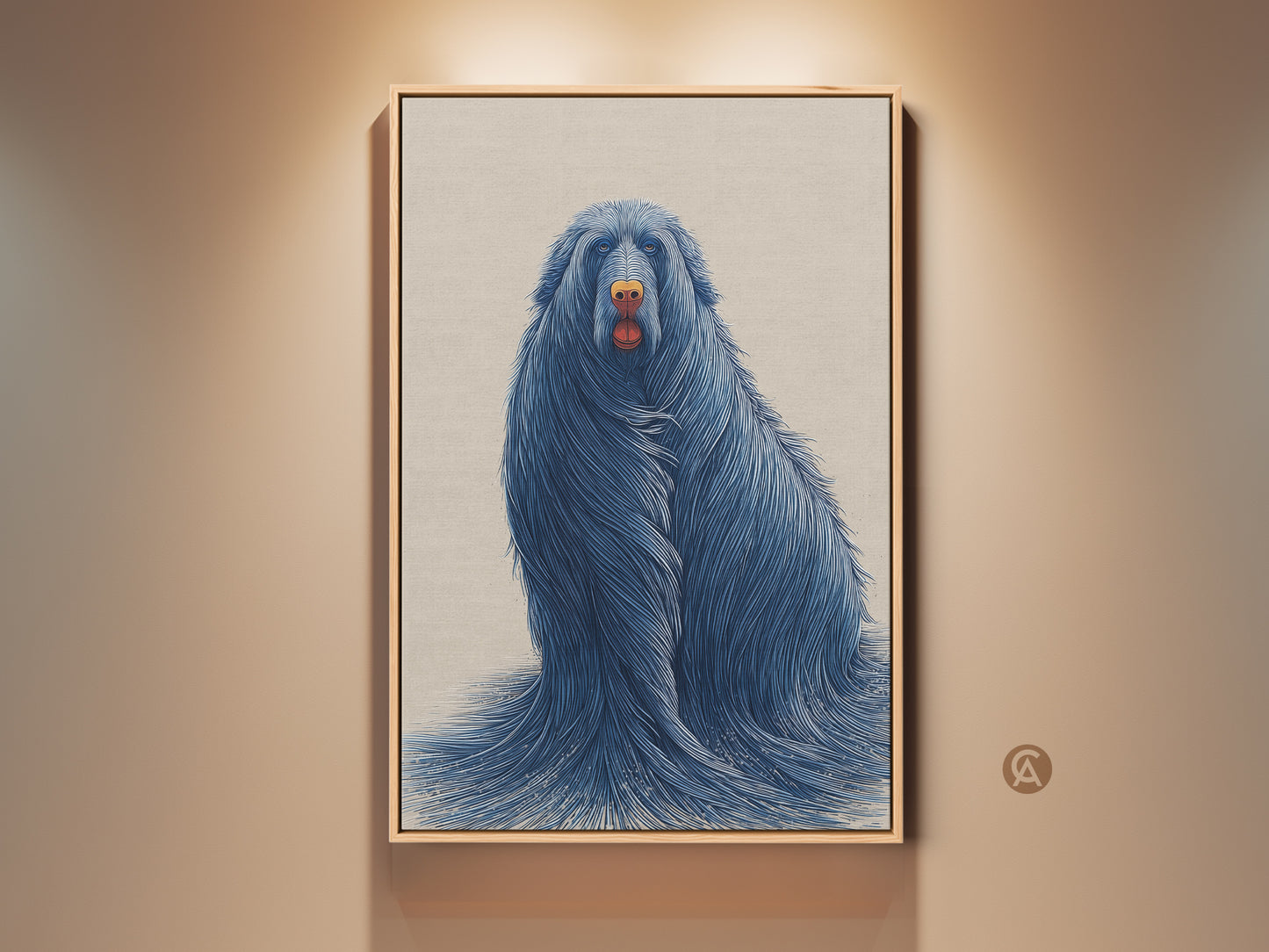 Framed surreal blue dog art adds an eclectic touch. This animal wall art features a unique pet portrait. A perfect gift for dog lovers looking for distinctive blue beige home decor.