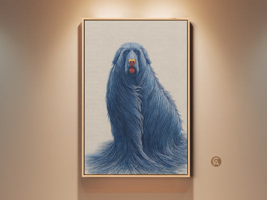 Framed surreal blue dog art adds an eclectic touch. This animal wall art features a unique pet portrait. A perfect gift for dog lovers looking for distinctive blue beige home decor.