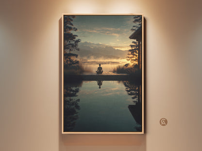 Zen Mountain Landscape Canvas Print features a yoga pose silhouette. Warm Golden Yellow and Teal hues create a serene Scandinavian aesthetic. It's perfect for yoga meditation wall art and mindful decor. A spiritual nature artwork that enhances any space with tranquility and balance.