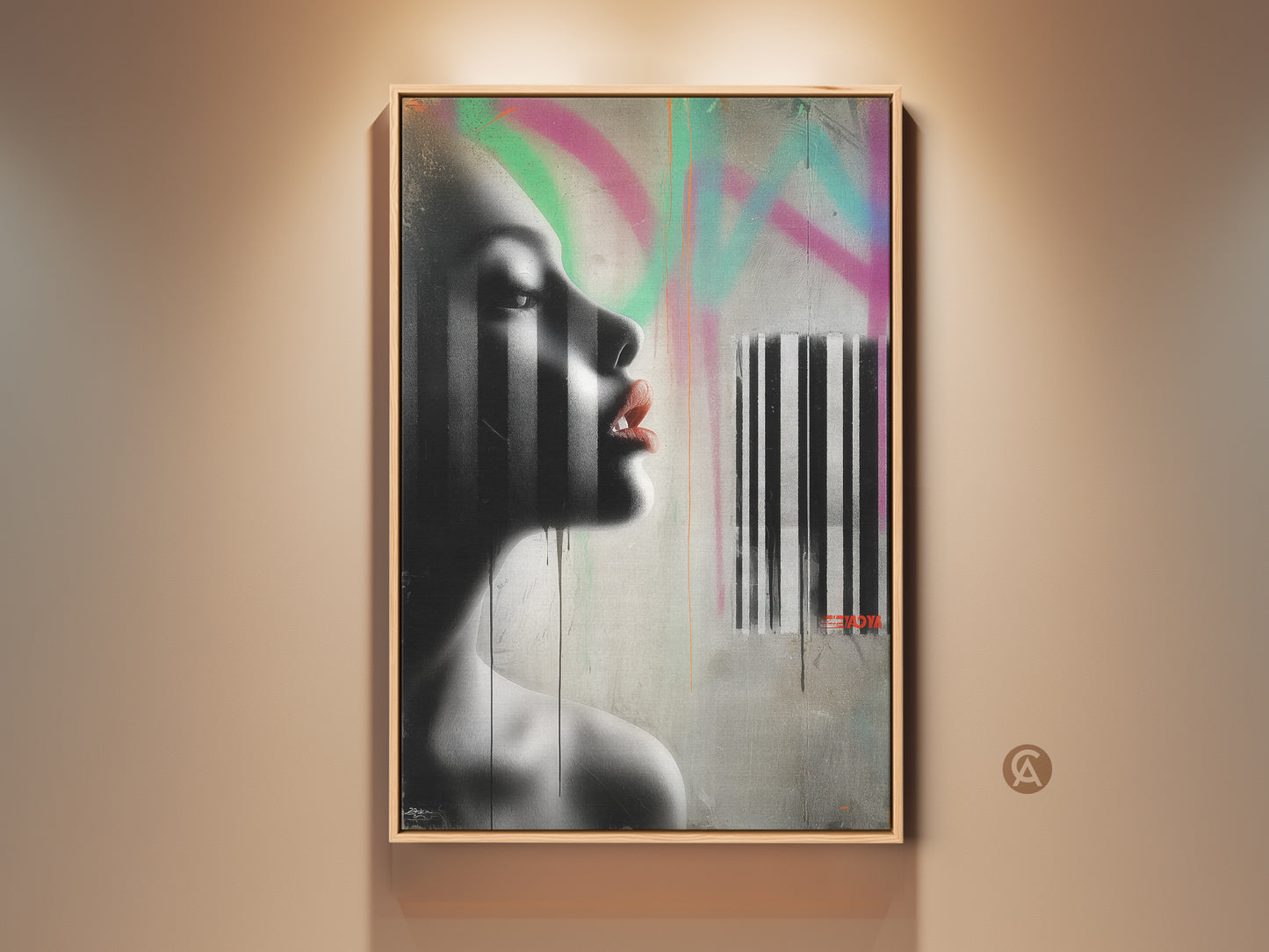 Gallery view of a contemporary woman portrait art print. This urban graffiti style canvas features a black and white abstract design with pink and green accents. The artwork is framed and adds an edgy touch to any modern home decor space. A unique fine art print that's ready to hang.