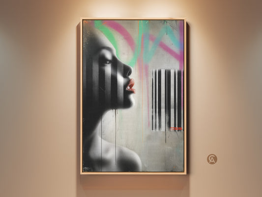 Gallery view of a contemporary woman portrait art print. This urban graffiti style canvas features a black and white abstract design with pink and green accents. The artwork is framed and adds an edgy touch to any modern home decor space. A unique fine art print that's ready to hang.